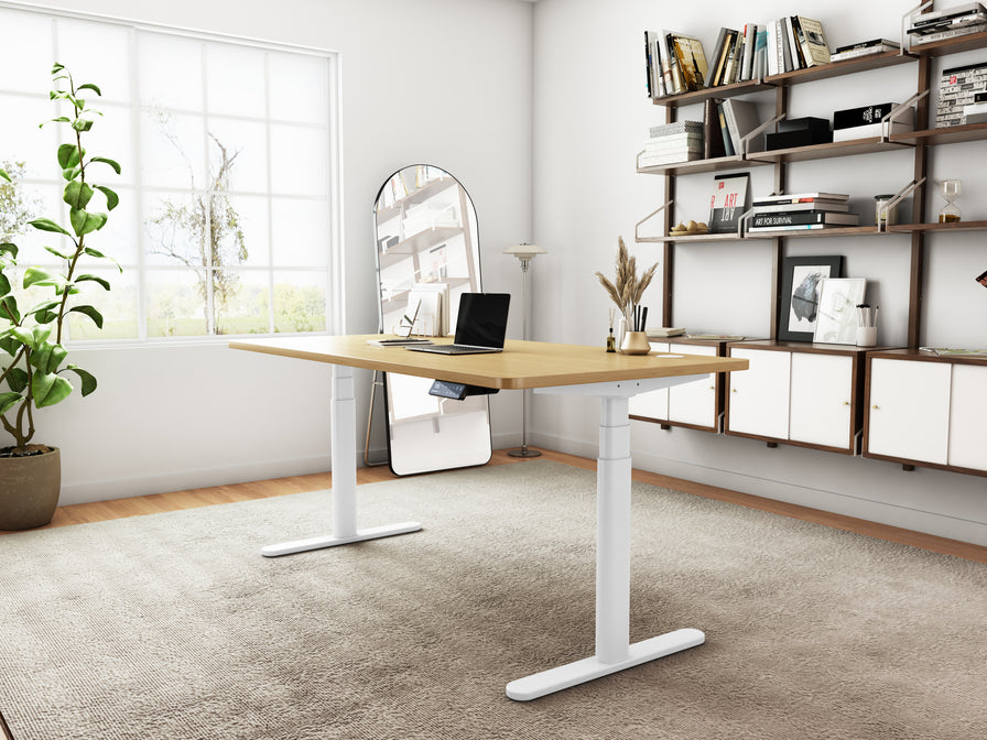 Maidesite oval leg standing desk TH2 Pro Plus white frame oak top in the office