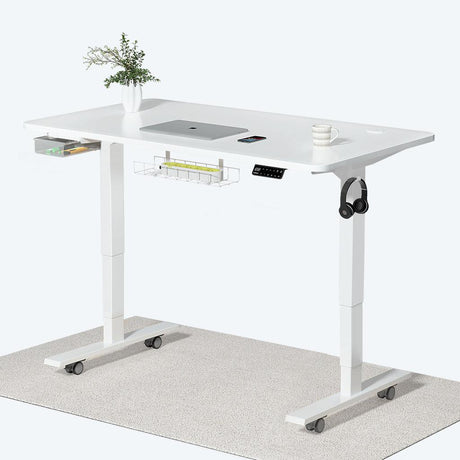 Maidesite white Standing Desk with white  drawer Castors Hook and Cable-Management-Tray